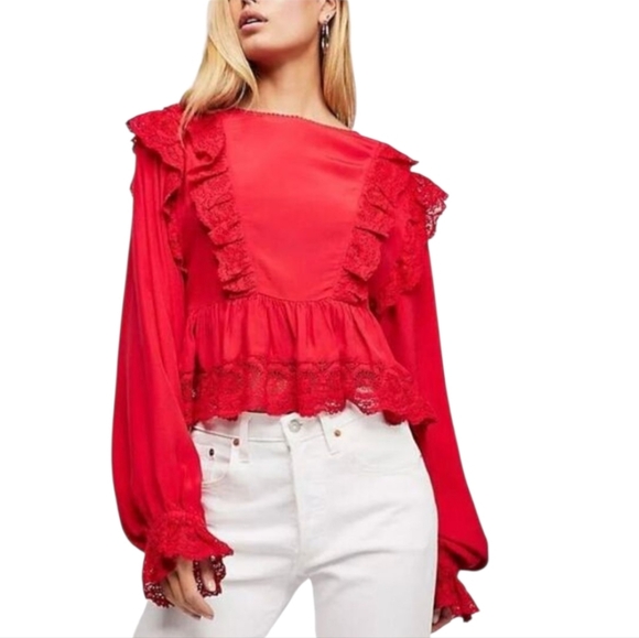 Free People Tops - Elegant Red Lace Trim Blouse